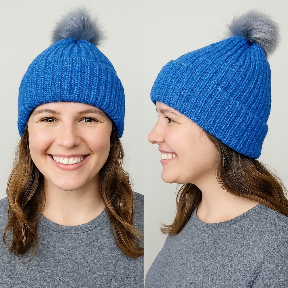 𝅺Hand Knit Blue Adult Size Beanie With Faux Fur Grey Pom Pom